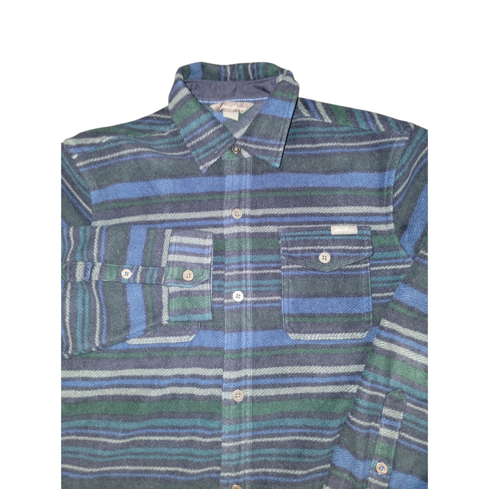Eddie Bauer Mens Blue Green Striped Fleece Button Down Shirt‎ Small Long Sleeve
